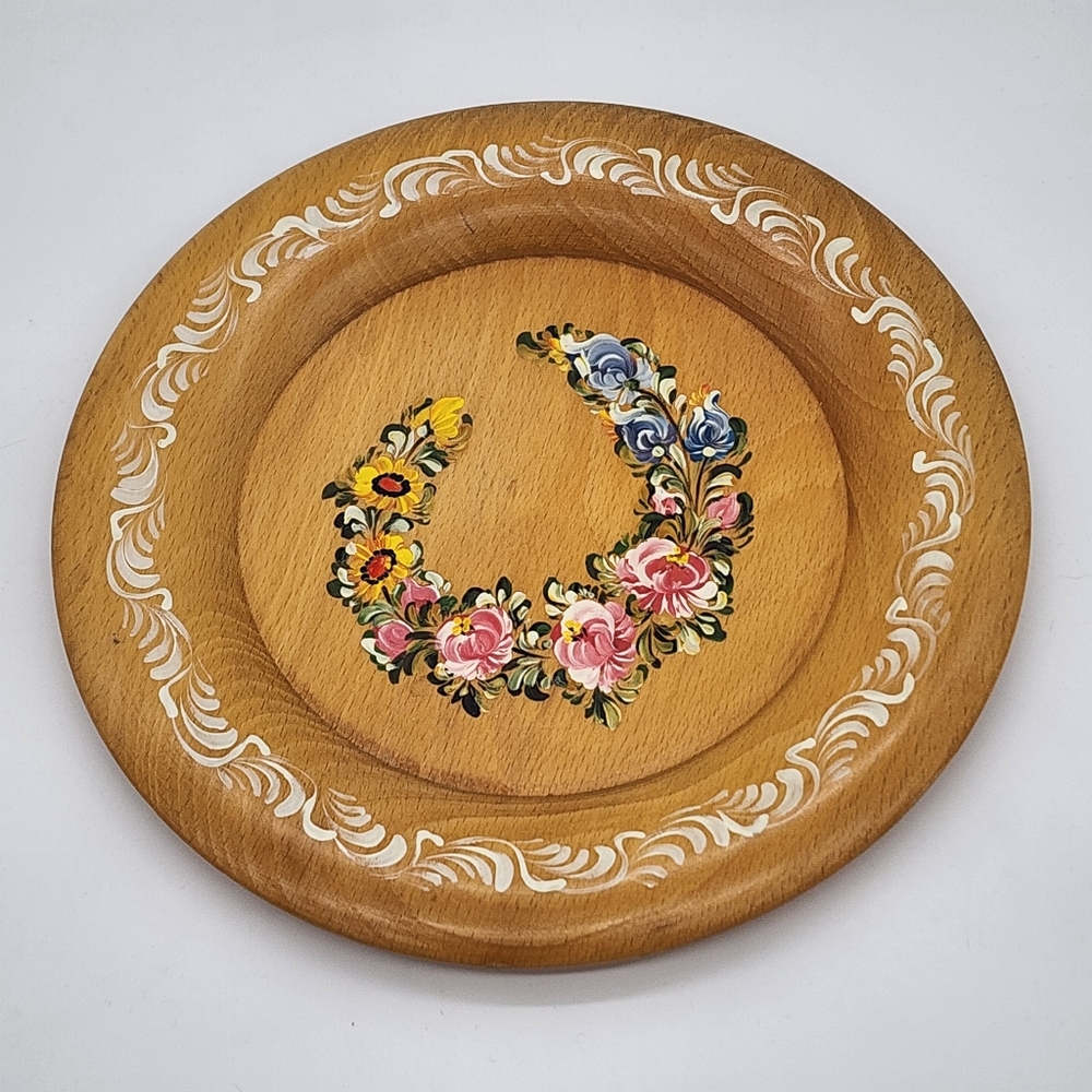 Vintage Hand Painted Wooden Plate Wall Hanging Floral